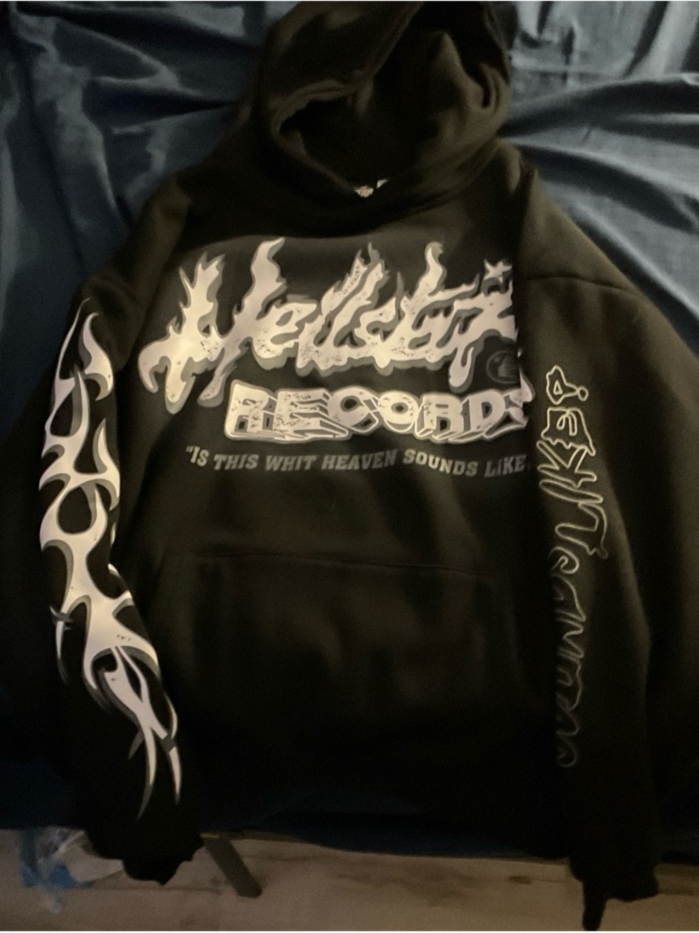 Black Graphic Hoodie Sweatshirt with White Flame Print